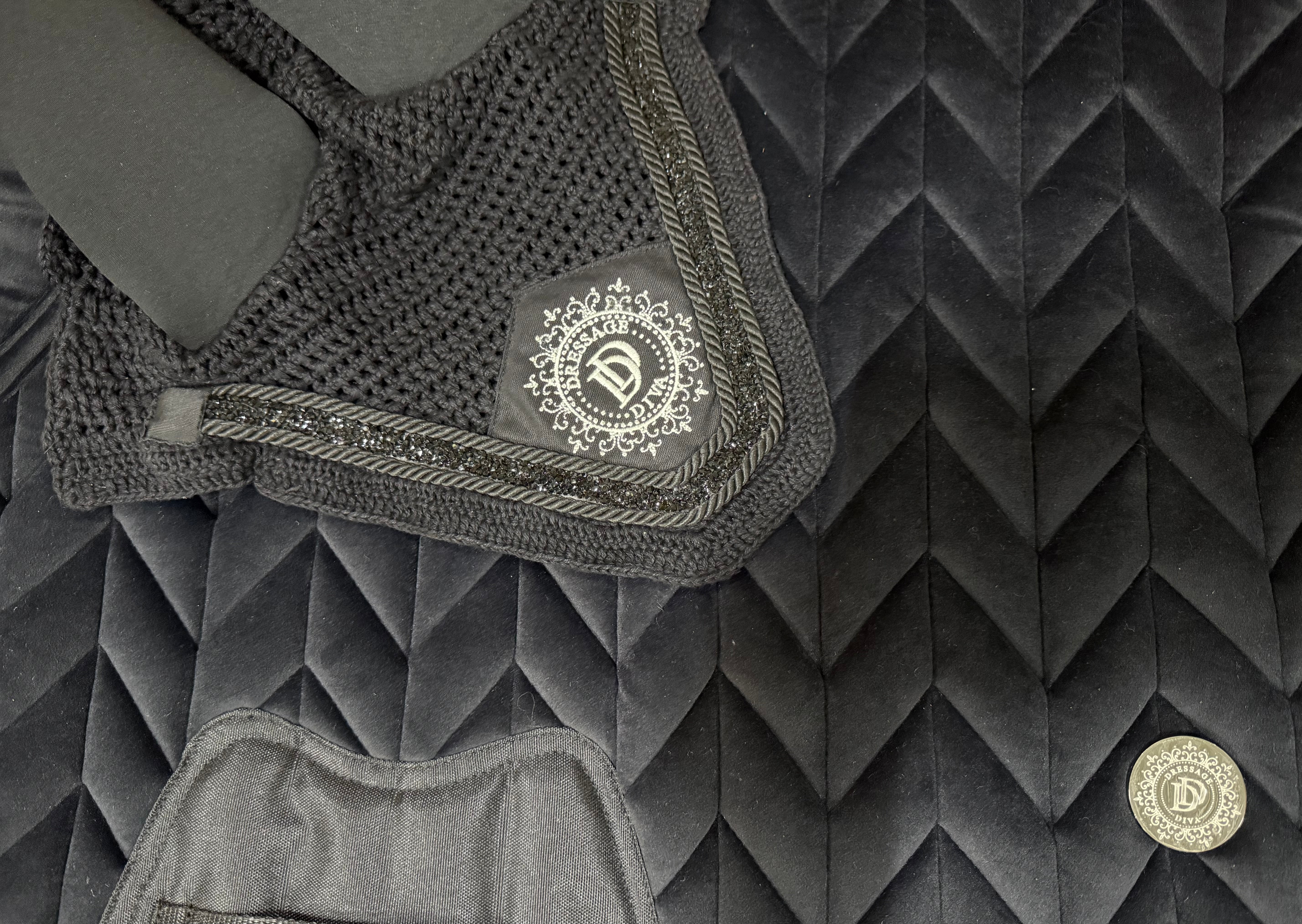 Horse Bonnet - Sound Proof Dressage ear Bonnet – Crushed Crystals & Silver Logo